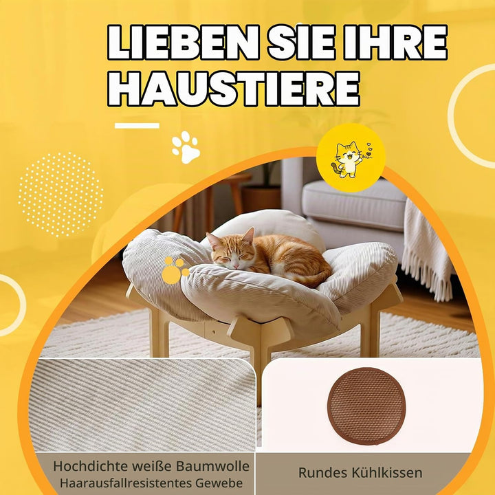 Erhöhtes Katzenbett in Blumenform,Stabiles Holzkatzensofa,Weiche Haustiersofa,Katzenstuhl mit Abnehm