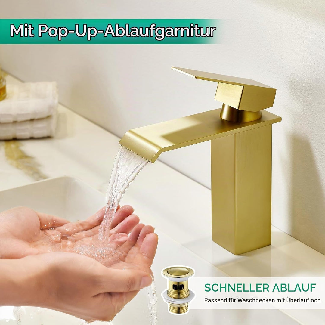 CREA Wasserhahn Bad Wasserfall, Waschtischarmatur mit Ablaufgarnitur, Mischbatterie Bad mit Auslauf