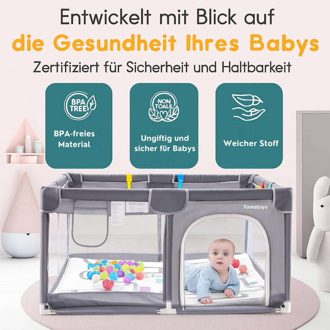 Laufstall für Babys mit Matratze, Bällebad (inkl. 50 Bällen) und 4 Haltegriffen. Laufgitter 124x124c