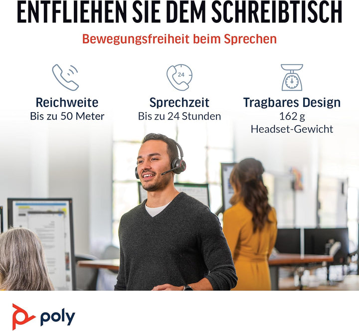 Schnurloses Poly Voyager 4320 UC-Headset und Ladestation – Stereo-Kopfhörer mit Noise Cancelling-Mik
