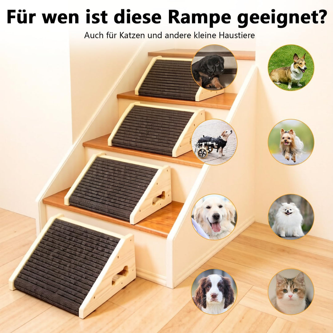 4 Stück Hunderampen für Treppen, Hundetreppe Holz mit Rutschfester Trittmatte, Treppenstufen Haustie