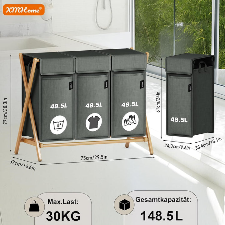 Faltbarer Wäschekorb 148L mit 3 Fächern,Bambus Wäschesammler,X-förmiges Wäsche Sortiersystem mit Dec