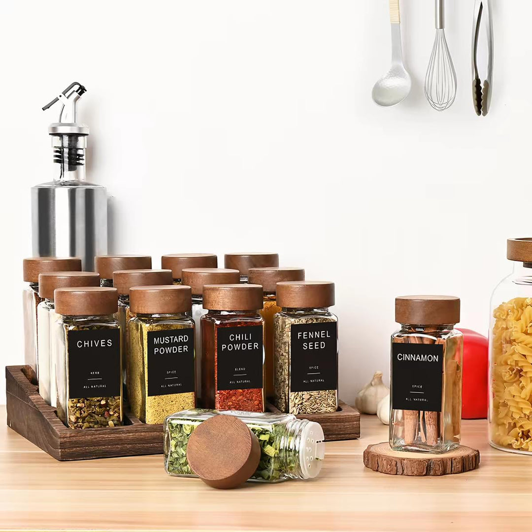 Gewürzgläser Set 12er (120ml) Eckig mit Deckel aus Akazienholz, Premium Vorratsgläser Glas mit Streu