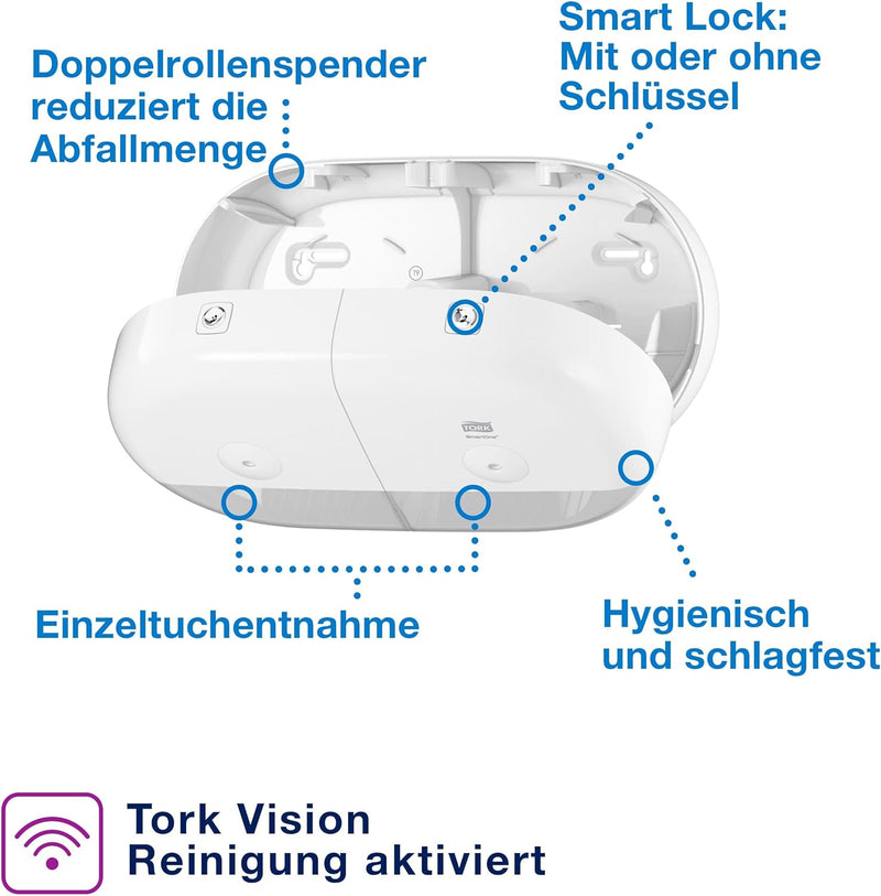 Tork SmartOne Mini Doppelrollenspender für Toilettenpapier Weiss T9, Hohe Kapazität, Elevation Linie