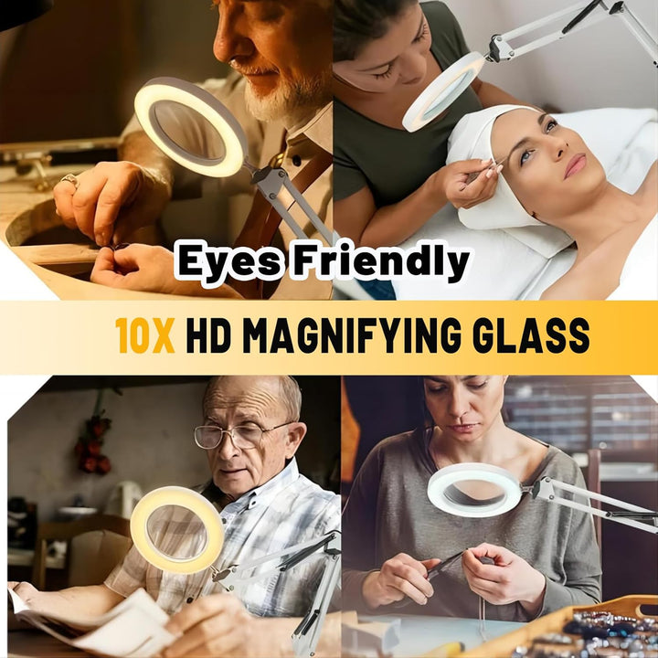 10X Lupe mit Licht und Ständer, Lupenleuchte mit 72 LEDs, 3 Farbmodi Dimmbare&10 Helligkeitsstufen,