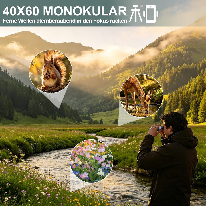 BIBIRE 40x60 Monokular-Fernrohr für Erwachsene, hochvergrössernd | Monokular mit Smartphone-Adapter