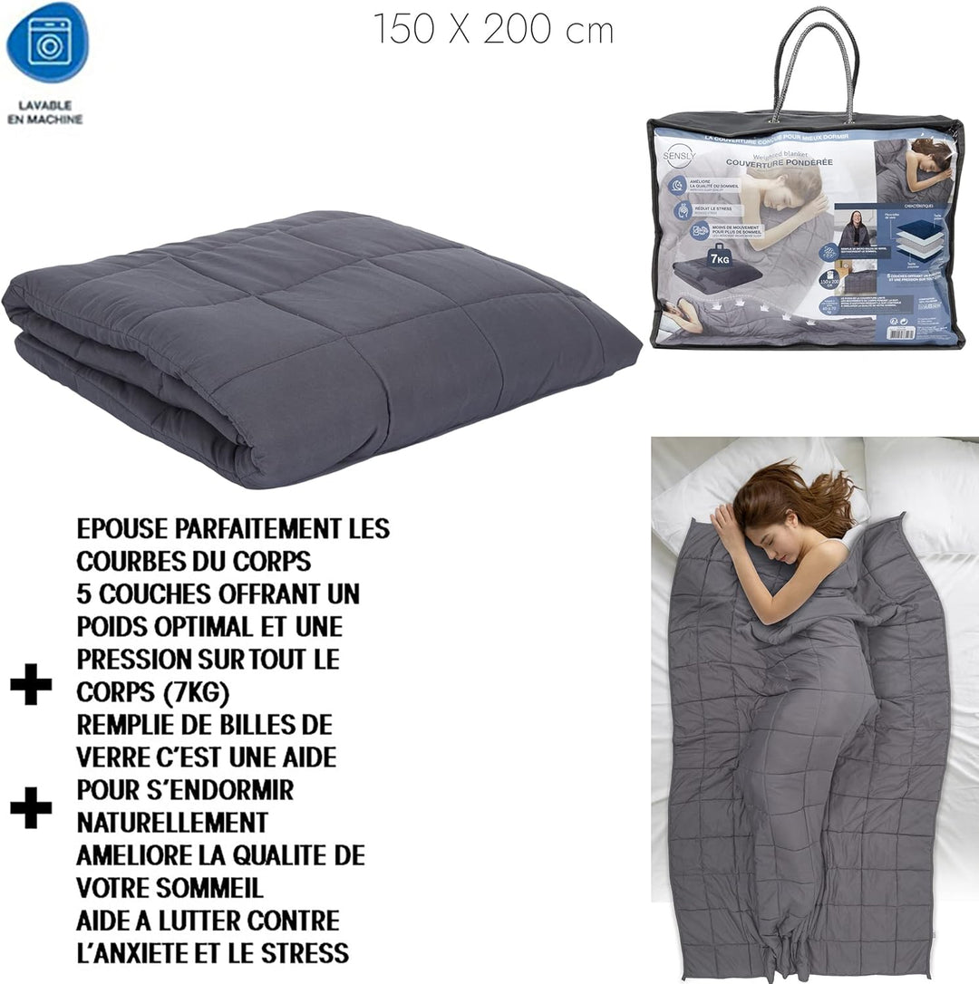 SENSLY - gewichtete Decke, 7 kg, Mikroglas – Masse: 150 x 200 cm