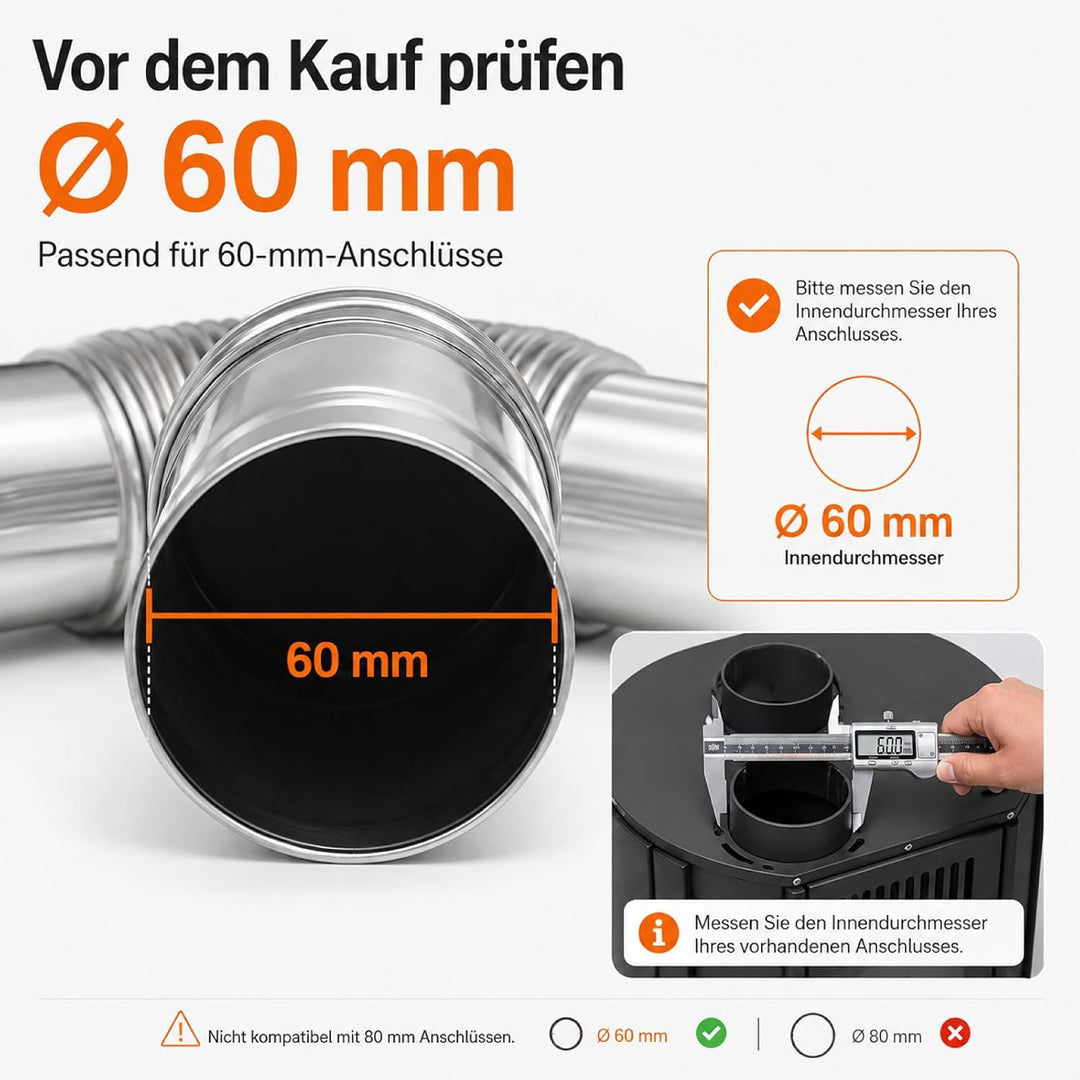 Zerodeko Edelstahl Schornstein Abgasrohr Satz 60mm Ø Verlängerung Kaminrohr mit 90° winkel für Zelto