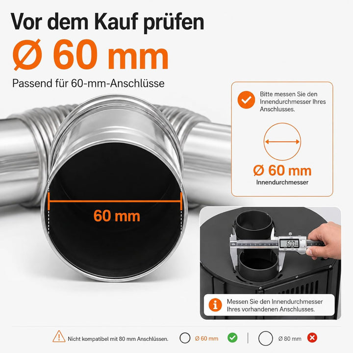 Zerodeko Edelstahl Schornstein Abgasrohr Satz 60mm Ø Verlängerung Kaminrohr mit 90° winkel für Zelto