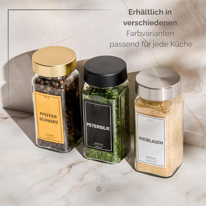 Greeano Gewürzgläser Set [24 x 120ml] mit 300 Gewürzetiketten [DE] - Gewürzgläser eckig mit Streuein