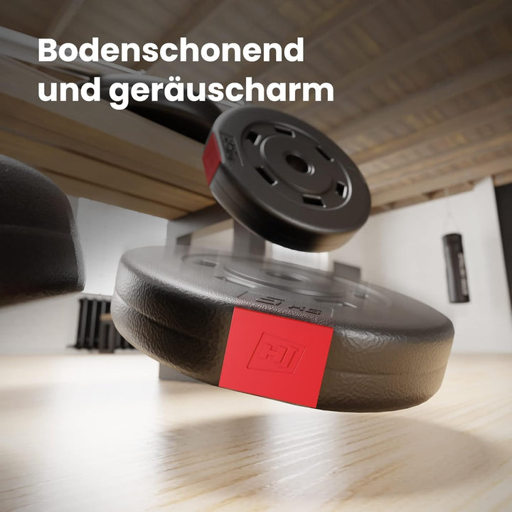 Hop-Sport Hantelscheiben-Set 5, 10, 20, 30 kg Kunststoff Gewichte 30 mm Hanteln Gewichtsscheiben 4x5