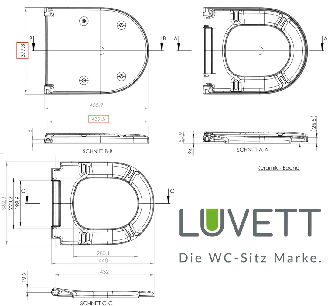 LUVETT® WC-Sitz D600 D-Form Weiss mit Absenkautomatik SoftClose, EasyClean (abnehmbar), Duroplast, e