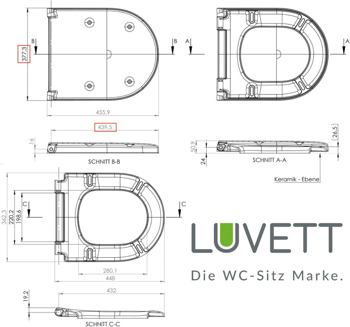 LUVETT® WC-Sitz D600 D-Form Weiss mit Absenkautomatik SoftClose, EasyClean (abnehmbar), Duroplast, e