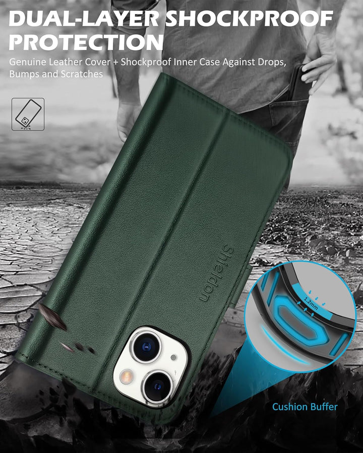 SHIELDON Hülle für iPhone 14 Plus, Handyhülle [Echtleder] [Kartenfach] [Standfunktion] [Magnetversch