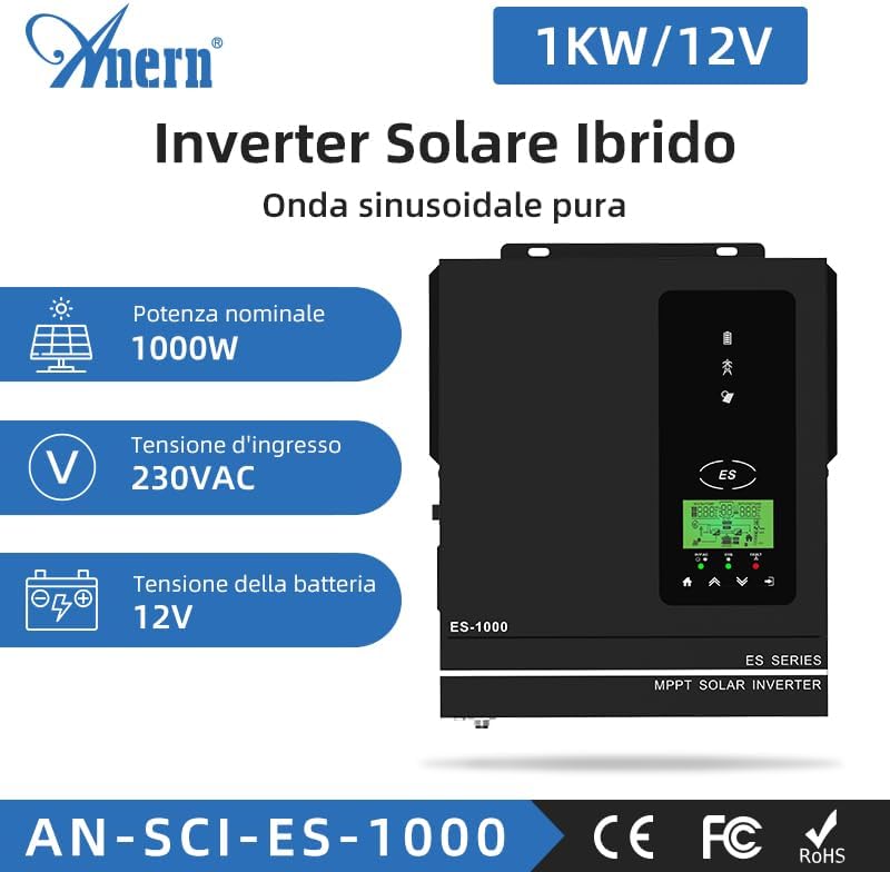 Anern 1000W Hybrid Wechselrichter Solar 12V DC auf 220V/230V AC mit 80A MPPT Solarregler Max. PV-Ein
