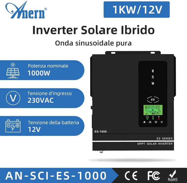 Anern 1000W Hybrid Wechselrichter Solar 12V DC auf 220V/230V AC mit 80A MPPT Solarregler Max. PV-Ein