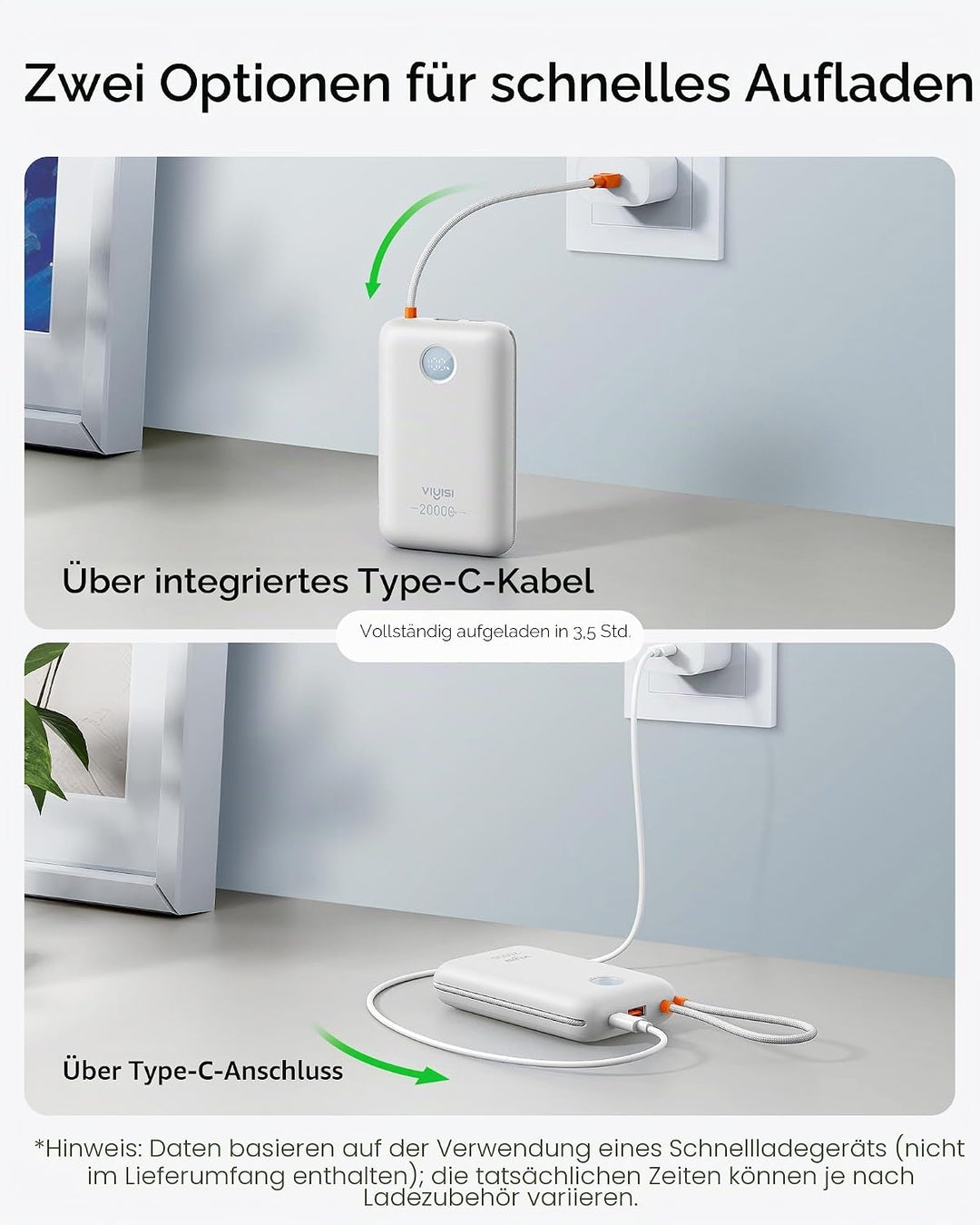 VIYISI Powerbank 20000mAh, 30W PD Schnellladegerät mit integrierten USB-C &amp; Lighting Kabeln, mit LED