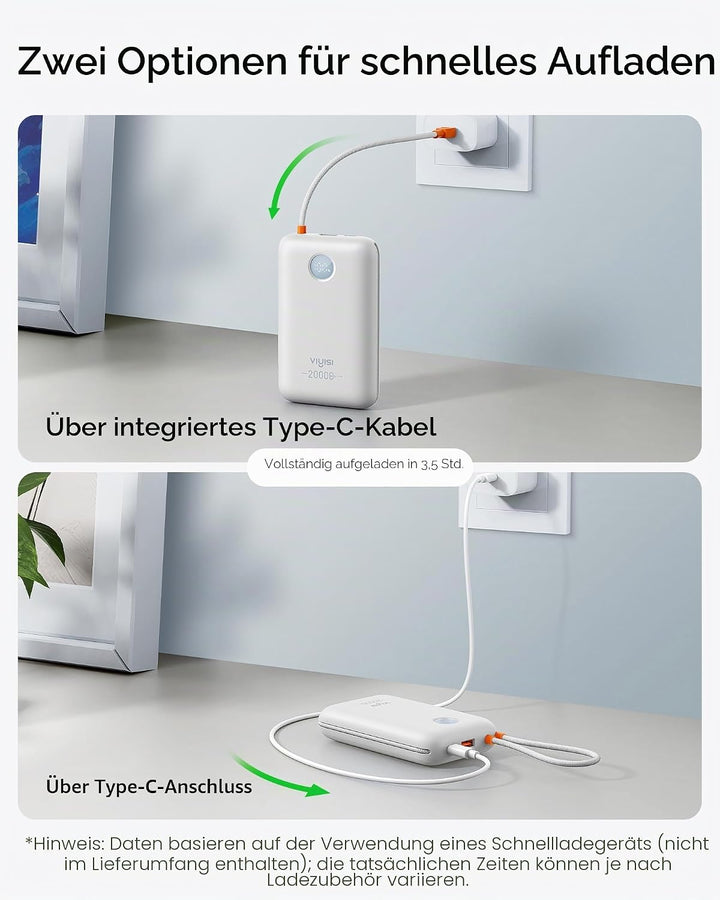 VIYISI Powerbank 20000mAh, 30W PD Schnellladegerät mit integrierten USB-C &amp; Lighting Kabeln, mit LED