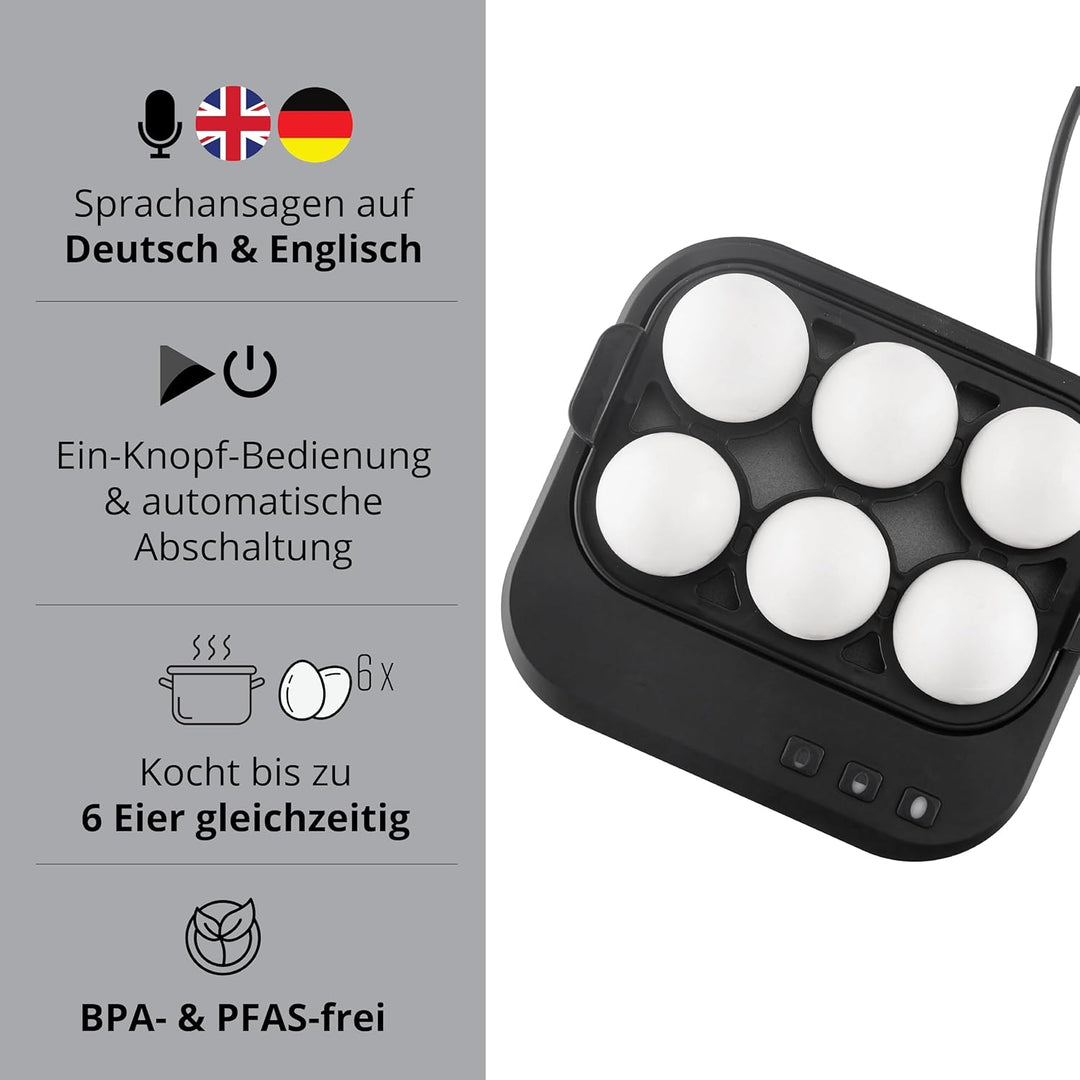 EUREL KJ42 Eierkocher 6 Eier – Automatischer Eierkocher mit Sprachfunktion, Ein-Knopf-Bedienung & Ab