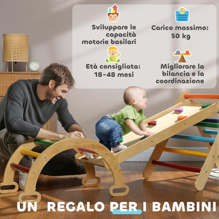 AIYAPLAY 5-in-1 Montessori Klettergerüst Indoor Holz Kletterdreieck mit Kletterbogen, Rutsche Indoor