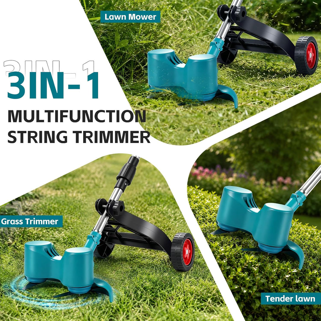 Akku-Rasentrimmer mit 3000mAh Akku, Doppelkopf-Rotationsrasenmäher | 20000 U/min, 6x Klingen, Stützr