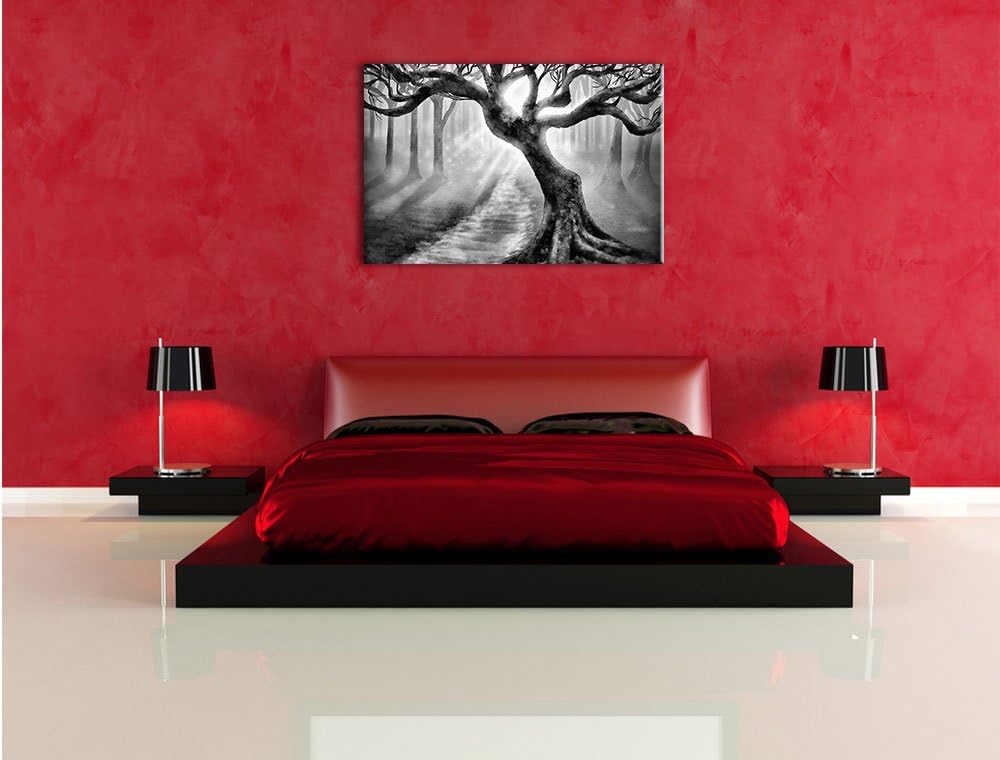 Pixxprint Baum am Waldweg / 100x70cm Leinwandbild bespannt auf Holzrahmen/Wandbild Kunstdruck Dekora