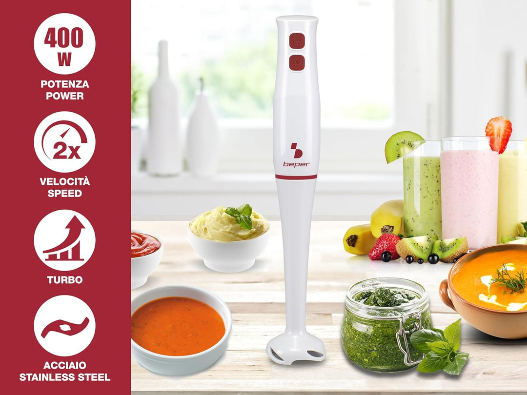 BEPER P102FRU003 Eintauchmischer ABS, Stabmixer 400W, Edelstahlklingen, Turbofunktion, Smoothies, Su