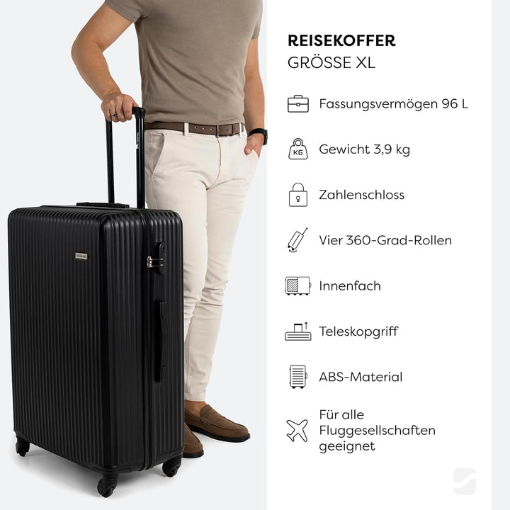 Reisekoffer Gross 76x51x29 cm 96l, aufgegebenes Gepäck, Hartschale aus ABS, Vier 360°-Spinner-Rollen