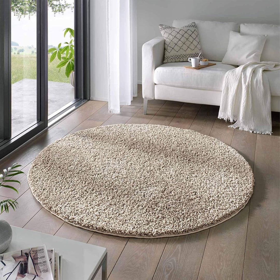 Taracarpet Shaggy Teppich Wohnzimmer Venezia Hochflor Langflor Teppiche modern Beige 120 cm rund 120