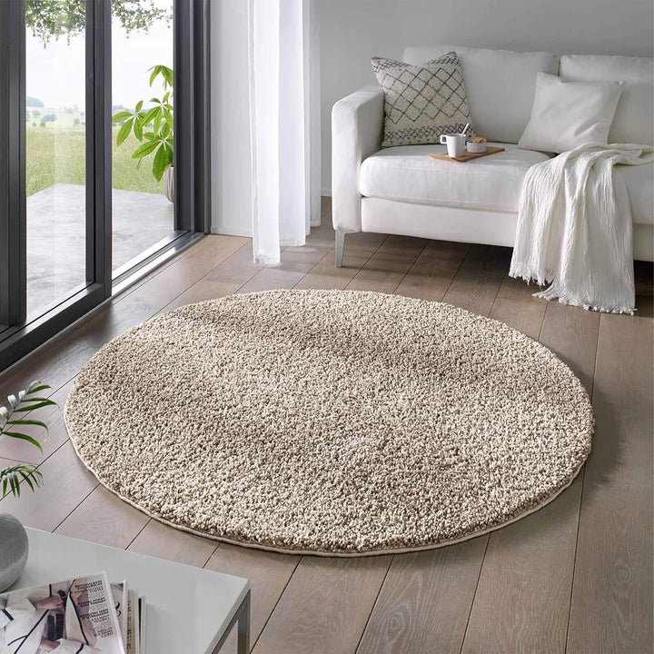 Taracarpet Shaggy Teppich Wohnzimmer Venezia Hochflor Langflor Teppiche modern Beige 120 cm rund 120