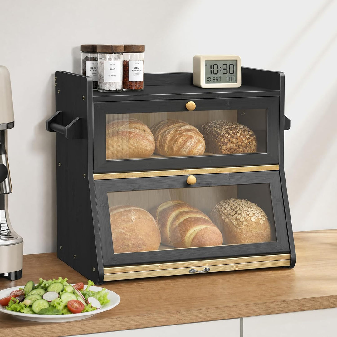 Bambus Brotkasten 2 Etagen Schwarz Brotkorb Holz Natürlich, Schwarz