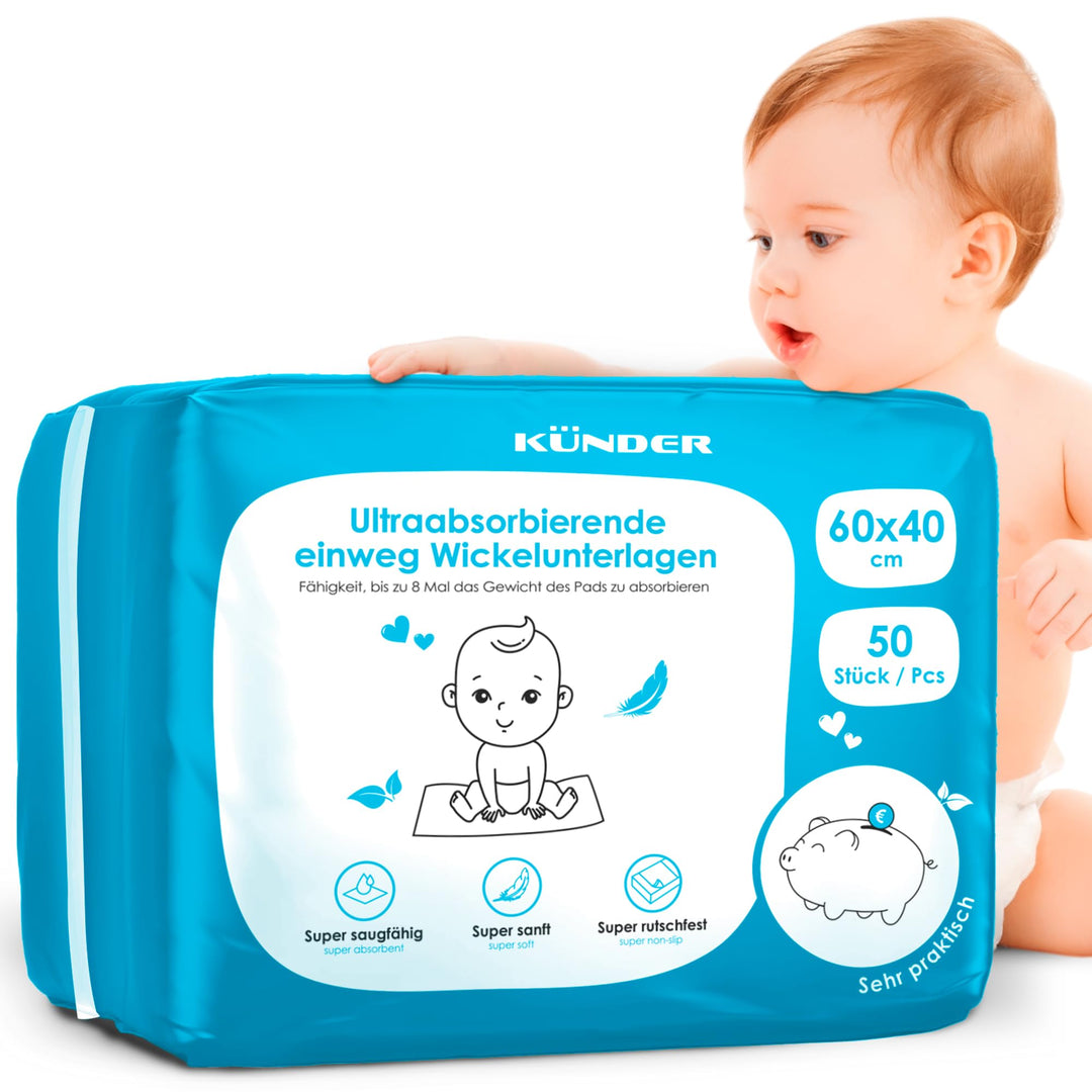 50x Baby Wickelunterlage Einweg 60x40 cm - Ultra-saugfähige Inkontinenzunterlagen, 6-lagige Betteinl
