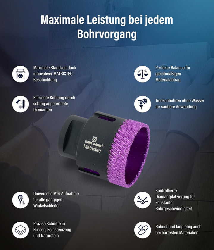 Karl Dahm MATRIXTEC Diamant-Trockenbohrkrone Ø 50 mm I Fliesenbohrer für Feinsteinzeug, Fliesen & Na
