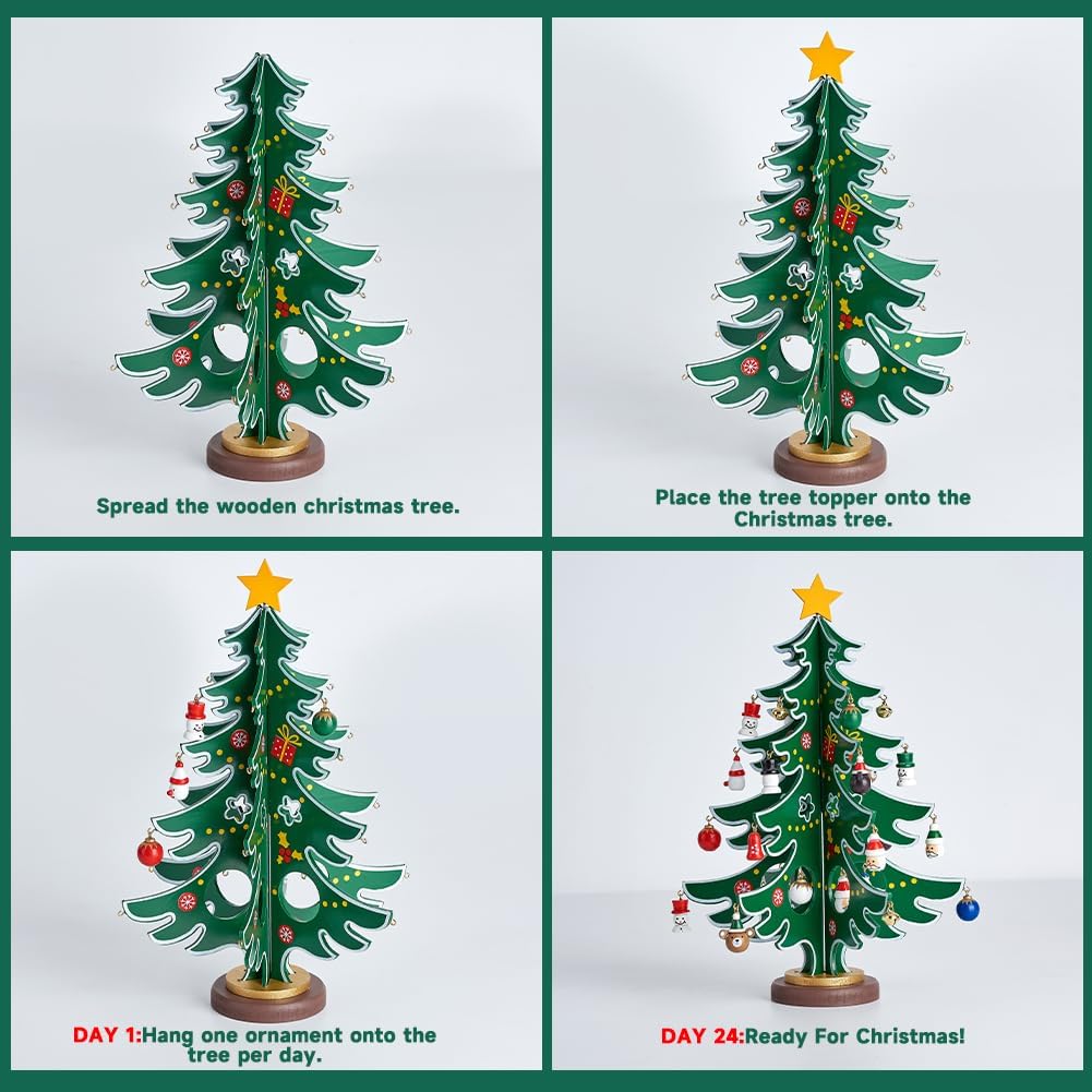 Douthfolle Adventskalender 2023 Kinder mit Hölzerner Weihnachtsbaum und 30 Ornamenten,24 Tage Weihna