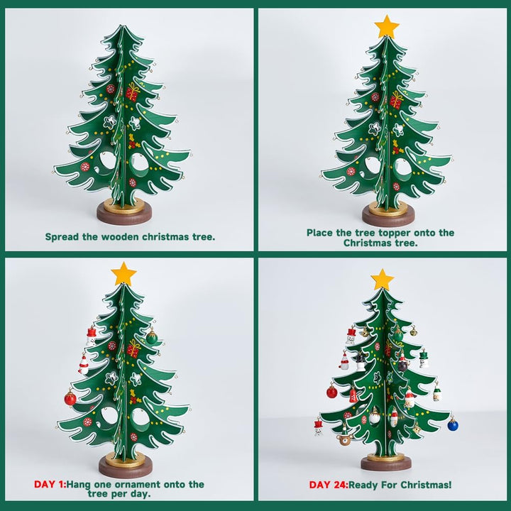Douthfolle Adventskalender 2023 Kinder mit Hölzerner Weihnachtsbaum und 30 Ornamenten,24 Tage Weihna