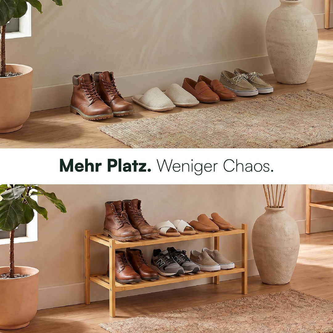 Schuhregal aus Bambus, Schuhablage mit 2 Ebenen, 68 x 28 x 32 cm, Erweiterbar Stapelbar, Schuhschran