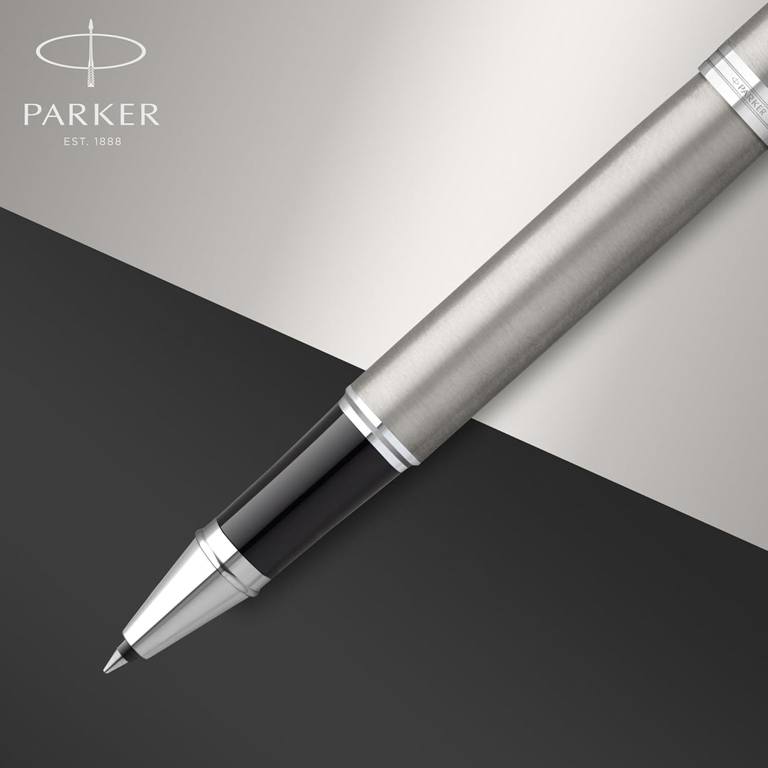 Parker IM Rollerball | Edelstahl mit Chrom-Zierteilen | feine Spitze mit schwarzer Tinte | Geschenkb