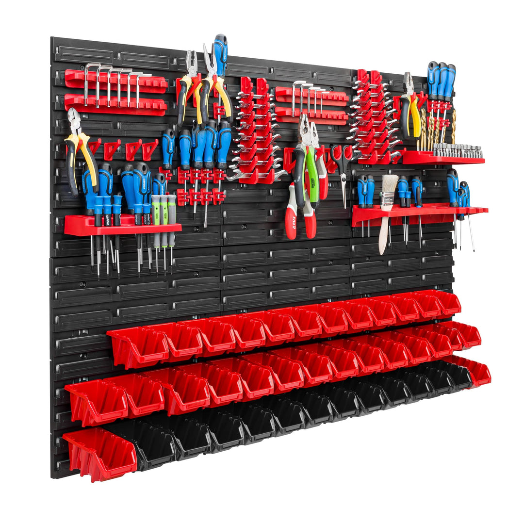 Lagersystem Werkstattregal | 117 x 78 cm | 40 stck. Box | Wandregal mit Werkzeughalterungen und Stap