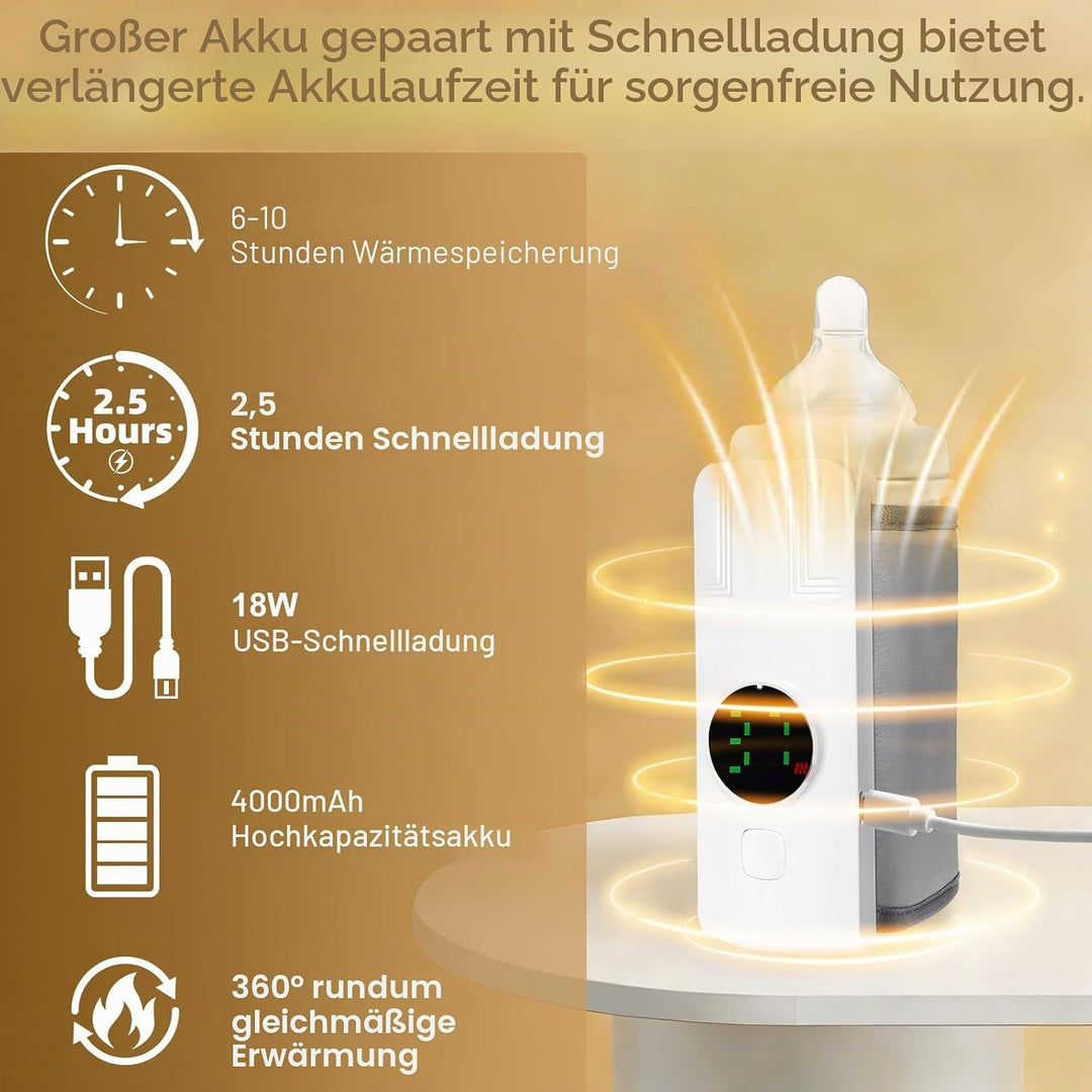 Flaschenwärmer Baby, Unterwegs Babyflaschen Wärmer mit LCD-Display USB-Ladung, 6-Temperaturstufen (3
