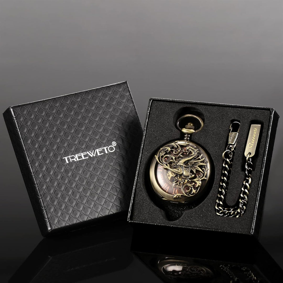 TREEWETO Antike Drache Mechanische Skelett-Taschenuhr mit Kette Bronze101, Bronze101