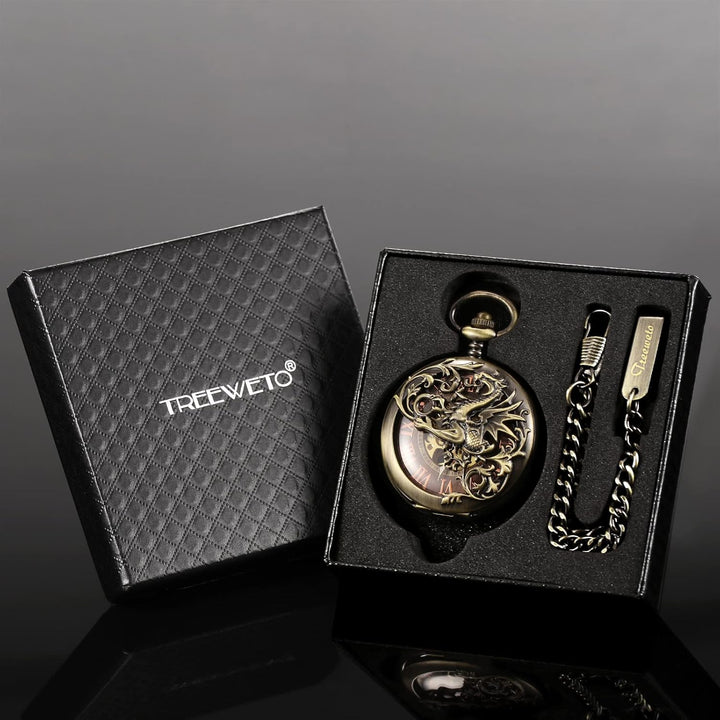 TREEWETO Antike Drache Mechanische Skelett-Taschenuhr mit Kette Bronze101, Bronze101