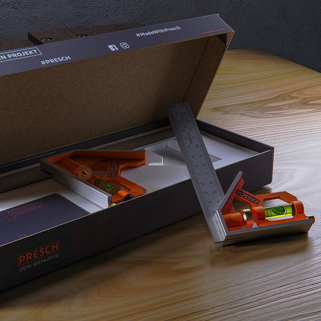 Presch Kombinationswinkel Set 150mm & 300mm - metrisch - Zwei Präzise Universal Kombiwinkel mit Line