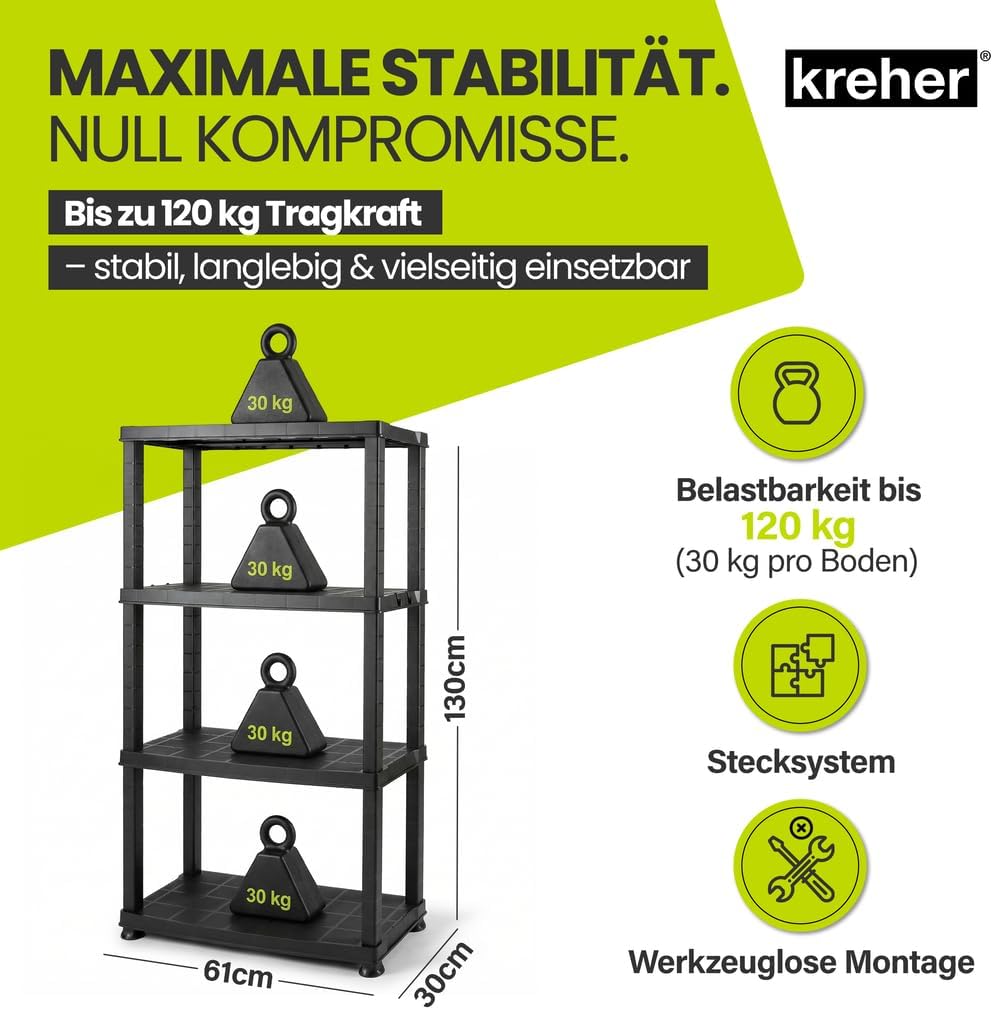 Kreher® Kunststoffregal „Neo“ mit 4 Böden - Steckregal für Haushalt, Keller &amp; Garage - Standregal, L