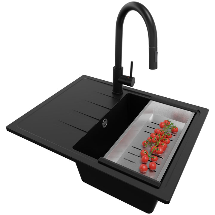 PRIMAGRAN Granitspüle Schwarz 62x50cm, Spülbecken 1 Becken + Küchenarmatur 40x20cm + Ablauf-Set, Küc