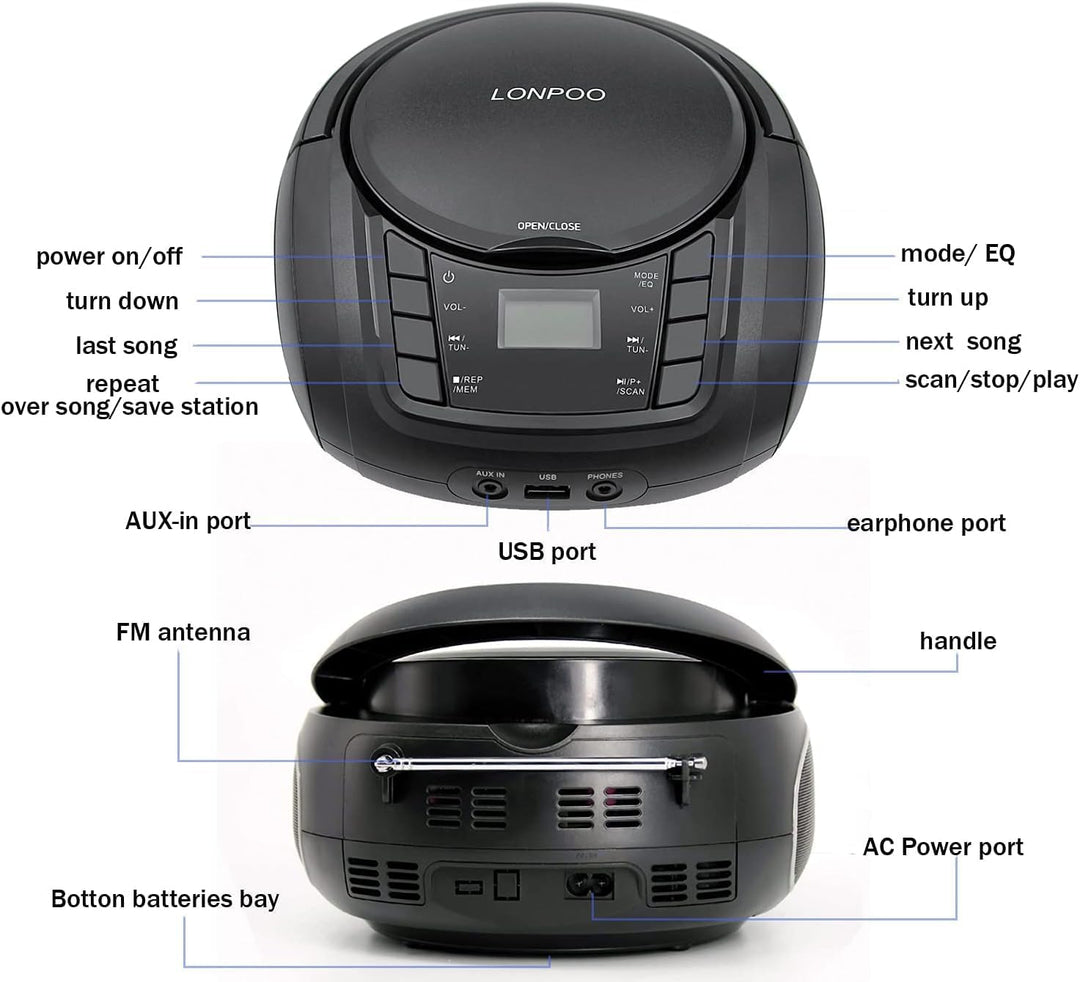 Tragbarer CD-Player Boombox mit FM-Radio/Bluetooth/USB/AUX-Eingang | 3,5 mm MIC & Kopfhöreranschluss