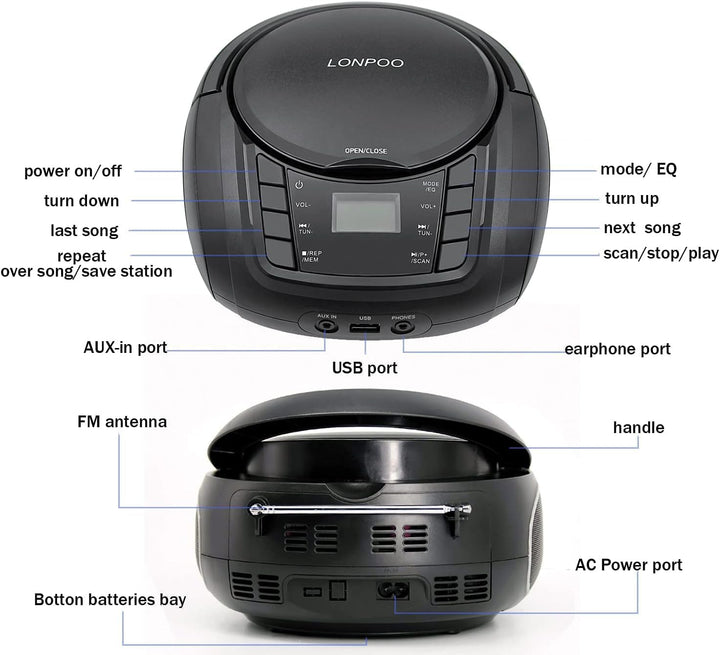 Tragbarer CD-Player Boombox mit FM-Radio/Bluetooth/USB/AUX-Eingang | 3,5 mm MIC & Kopfhöreranschluss