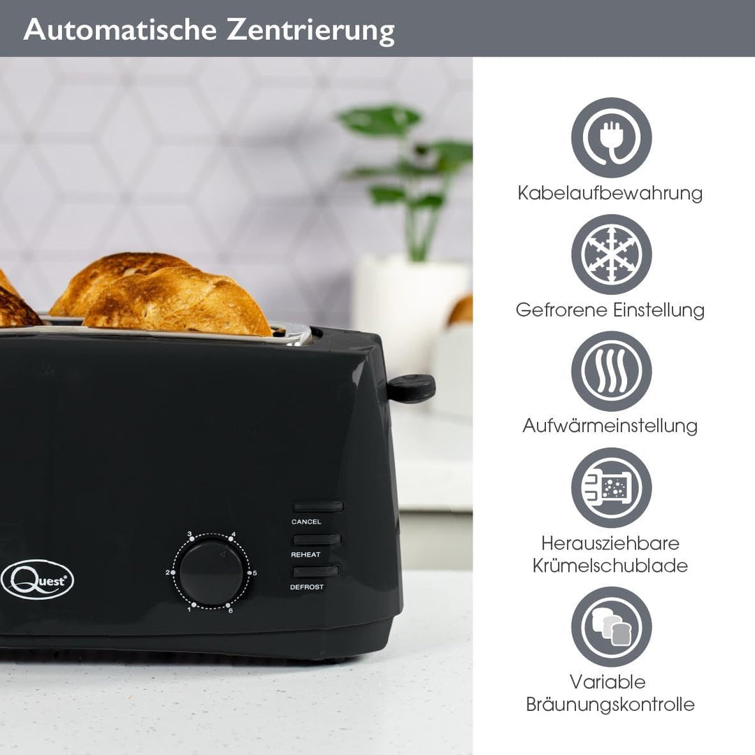 Quest 35069 Toaster mit 4 Schlitzen, extra breite Schlitze, Cool Touch, 1400 W, Schwarz