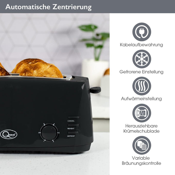 Quest 35069 Toaster mit 4 Schlitzen, extra breite Schlitze, Cool Touch, 1400 W, Schwarz