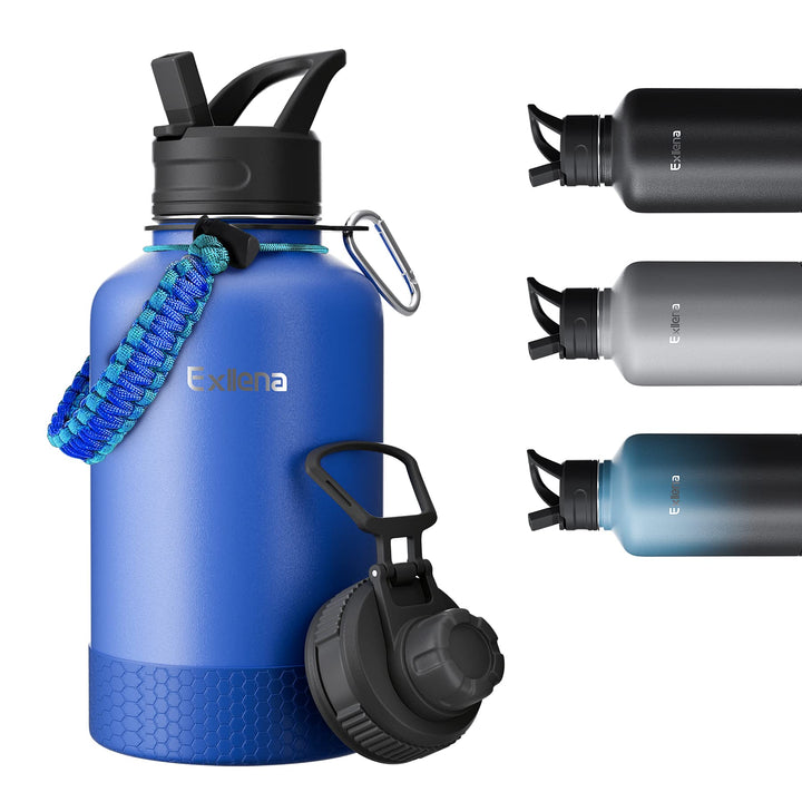 Exllena 2 Liter Edelstahl Wasserflasche, doppelt isolierte Wasserflaschen mit zwei Deckeln und schüt