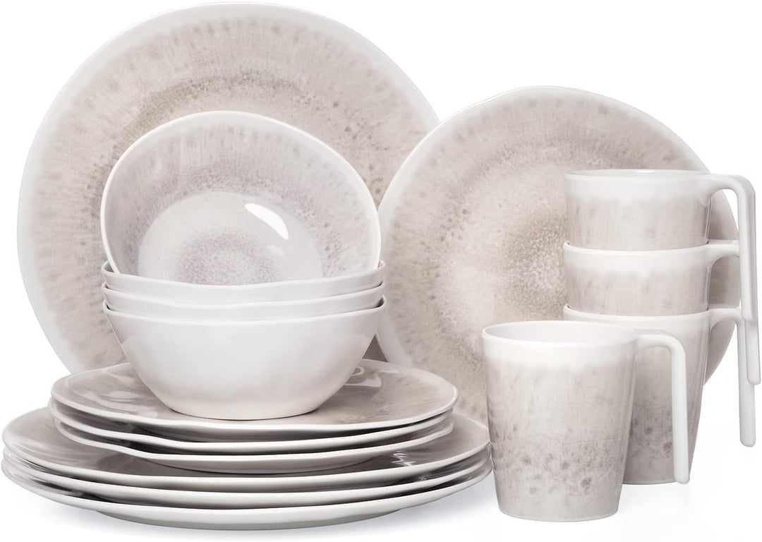 Melamin Camping Geschirr Set 4 Personen Amboss Design 16 Teilig + Milano Gläser Champagner-Gläser Fl